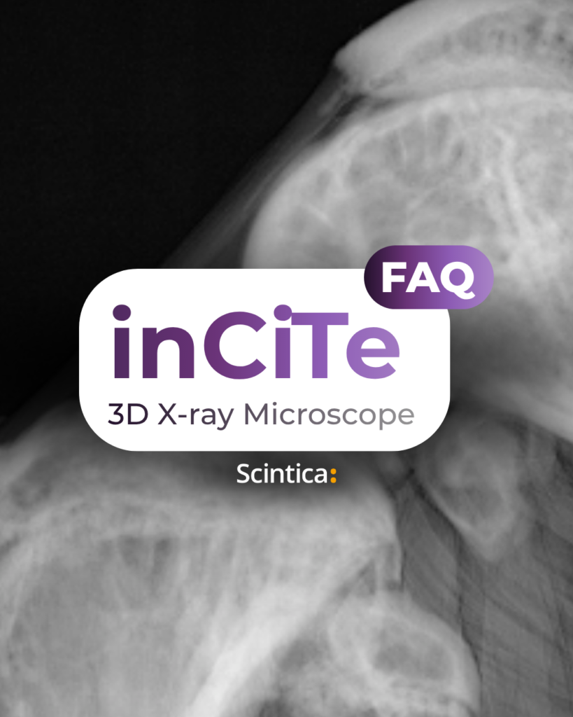 Promotional graphic for the inCiTe 3D X-ray Microscope FAQ, featuring the inCiTe logo over a blurred rodent X-ray image.