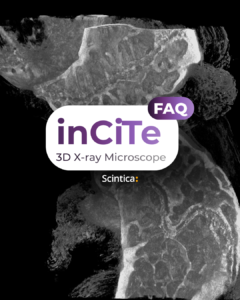 Promotional graphic for the inCiTe 3D X-ray Microscope FAQ, featuring the inCiTe logo over a blurred rodent X-ray image.