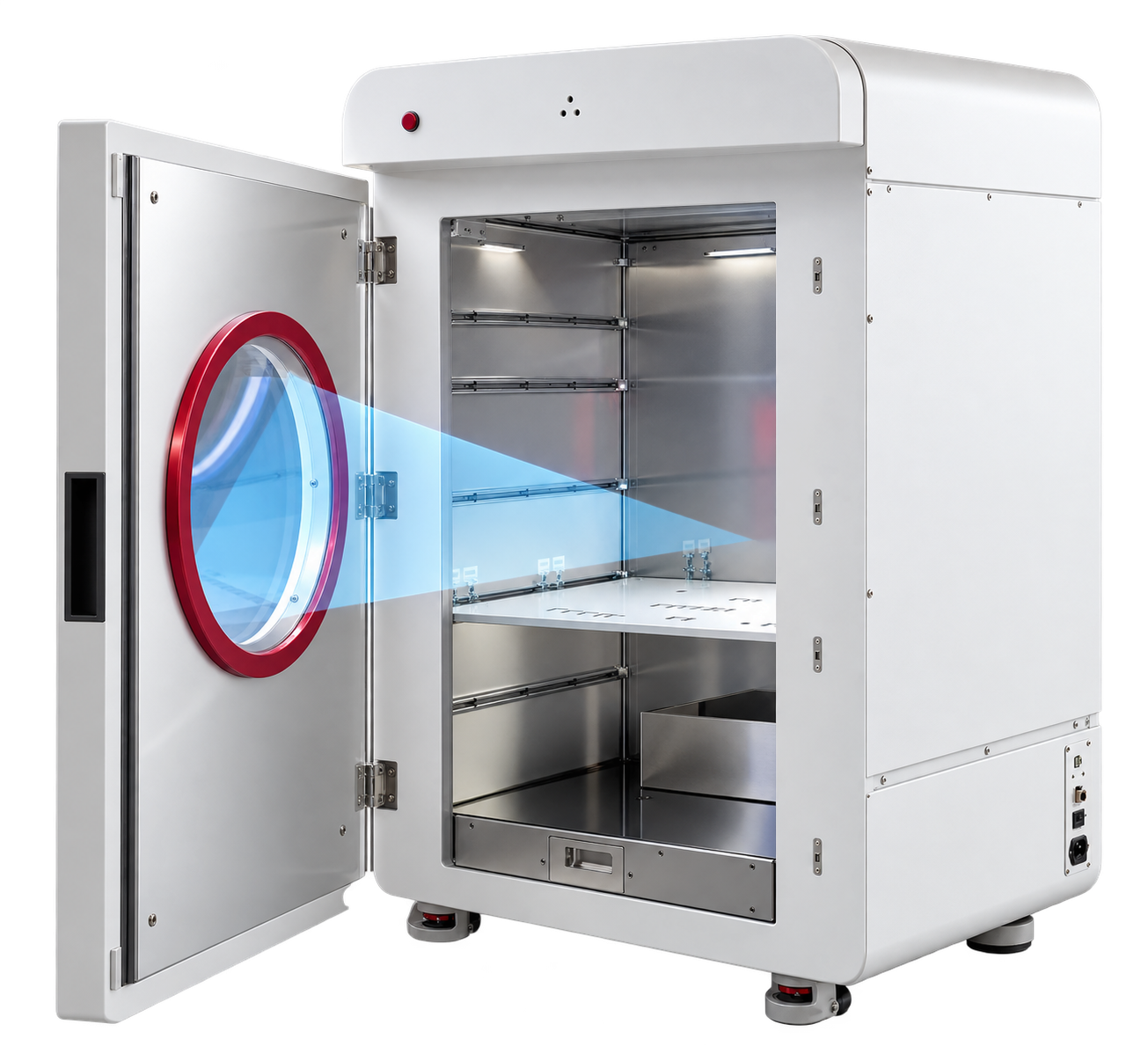 Rendered iNSiGHT DXA preclinical imaging system with open chamber and blue X-ray scan visualization through the circular door window.